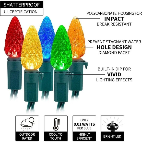 2 Pack Battery Operated C6 Christmas String Lights 20ft 60 LED Faceted Christmas - Picture 2 of 7